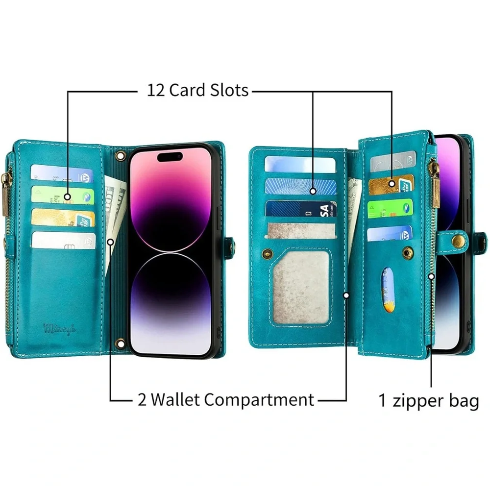 Teal Wallet Phone Case with Wrist Strap - Compatible Cell Phone Case